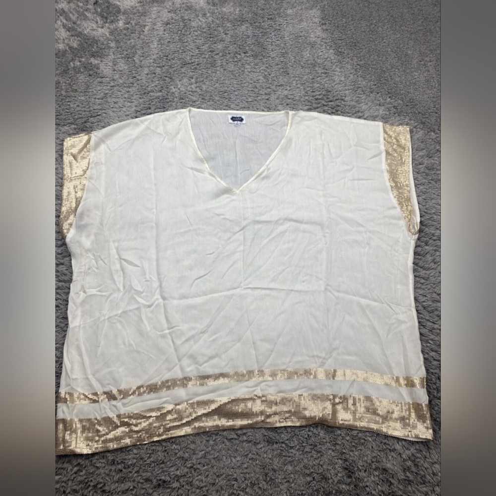 Mud Pie Top Women One Size White Gold Sequin Boxy Cap Sleeve V Neck Blouse